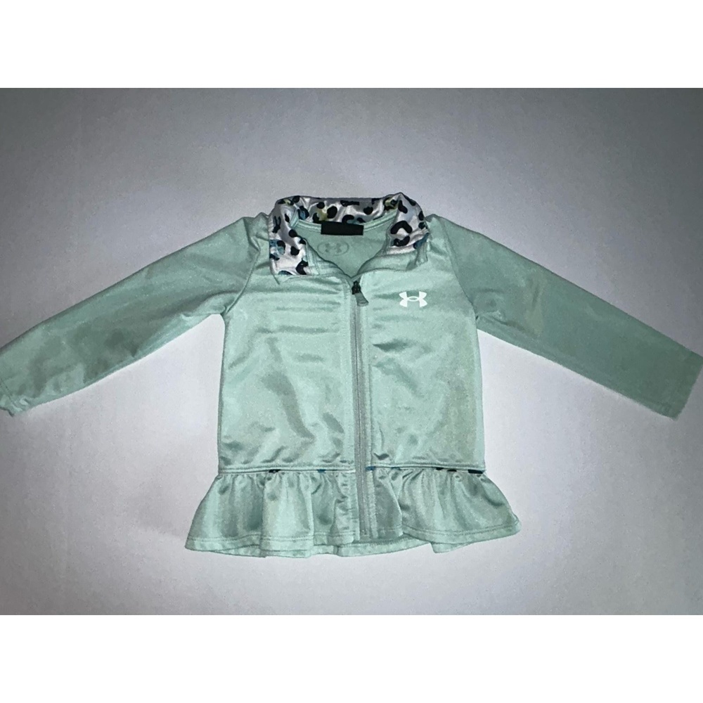 Under Armour Girls 2T Zip Up Jacket, Sea Foam With Leopard Around Collar - Picture 2 of 7
